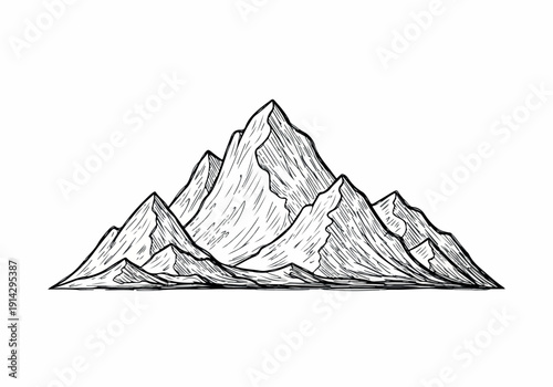 A majestic mountain range depicted in a detailed, vintage-style black and white sketch, capturing the grandeur and natural beauty of rugged peaks