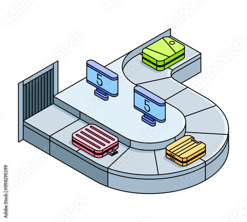 Airport Baggage Claim Conveyor Belt — Isometric Vector Illustration