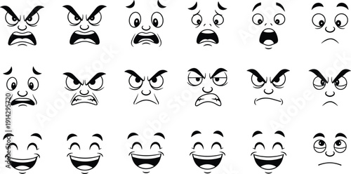 Cartoon facial expression illustration set, emotional reaction artwork, character design vector, exaggerated face graphic, human emotion symbol, communication concept
