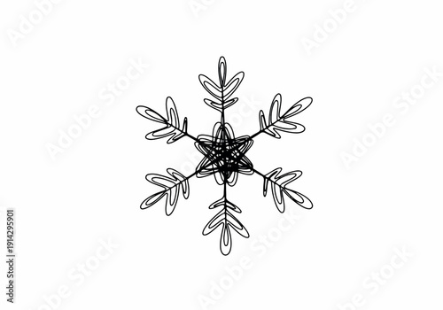 Intricate snowflake illustration on a plain white background, showcasing delicate crystalline structures and geometric patterns
