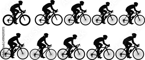 Cyclist silhouettes, bicycle riders, sports illustration, cycling design, fitness concept, outdoor activity, motion graphic, athlete art, transportation icon, healthy lifestyle