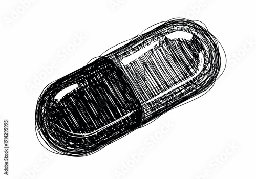 Close-up sketch of a single capsule, representing medicine, health, and pharmaceutical treatments