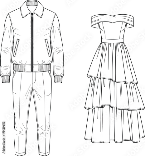 "Fashion design sketch, men’s bomber jacket with tapered pants, women’s couture evening gown, off shoulder ruffled layered dress illustration"