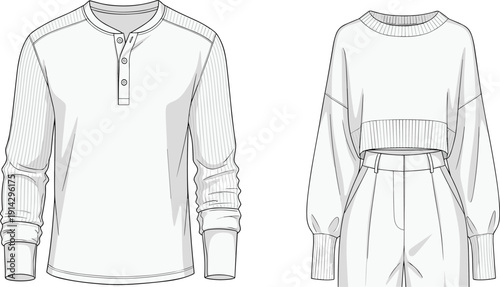"Fashion illustration technical drawing of henley shirt, cropped sweatshirt with high waisted pants, apparel design sketch, garment construction details"
