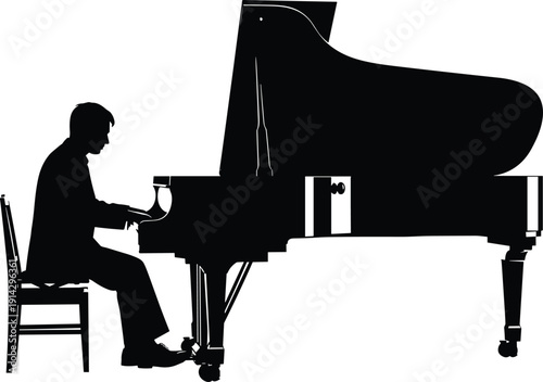 Grand piano silhouette illustration, pianist playing artwork, classical music performance vector, elegant instrument design, black and white musical graphic