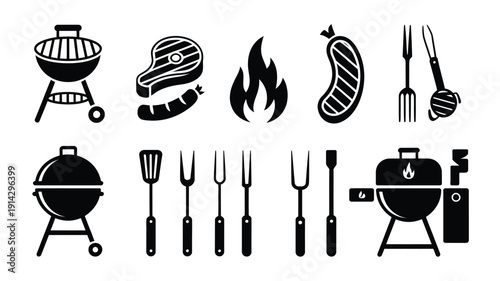 BBQ Grill Silhouette Icon Set. Barbecue Equipment and Cooking Symbols in Black Isolated on White Background. Vector Illustration