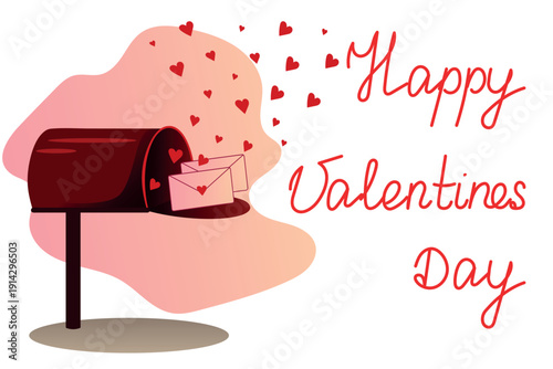 Valentines Day greeting composition. 3d vintage red mailbox with hearts and envelopes, realistic render graphic