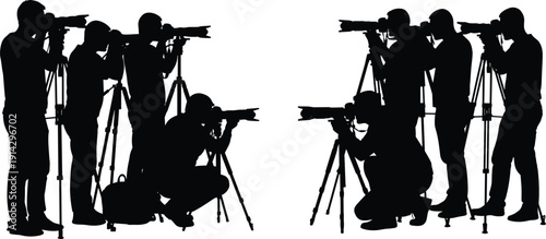 Photographers silhouette illustration, camera tripod artwork, media coverage vector, symmetrical composition design, observation concept graphic, surveillance artwork, creative photography element