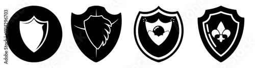 Set of four modern minimalist shields icons in black and white with gothic and medieval design elements for security and protection