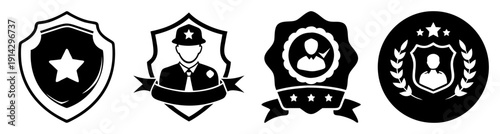 Set of six black and white security badges icons with shields stars and laurels isolated on transparent background vector illustration