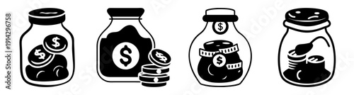 Four glass savings jars with coins and growth plants isolated on white background financial success concept