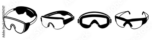 Set of four modern protective safety goggles isolated on white background for industrial and sports use