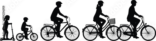 Scooter and bicycle silhouette, life stages progression, childhood to adulthood mobility, family cycling artwork, transportation vector design, safety helmet illustration