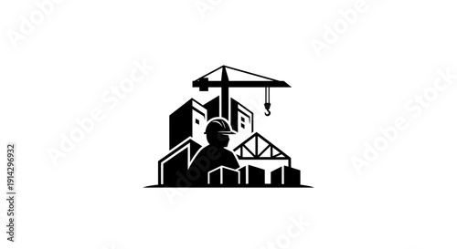 Industrial construction site with crane and buildings.