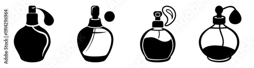 Set of four elegant black perfume bottles with gold caps minimalist design vector illustration luxury fragrance collection