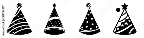 Set of four festive party hats with polka dots and stars for celebration and birthday events