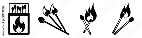 Set of black and green matches with flames isolated on white background vector illustration minimalist design