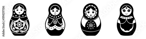 Set of four traditional Russian Matryoshka nesting dolls in black and white folk art design isolated on plain background