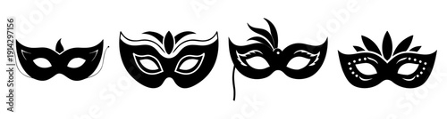 Set of four elegant black masquerade masks for carnival, Mardi Gras, Venetian party, luxury event decoration, vector illustration