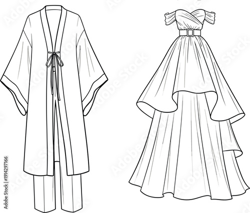 "Traditional robe fashion illustration, wide sleeve garment sketch, couture evening gown drawing, off shoulder puff sleeve dress, runway design art"