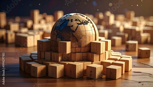 Wooden globe resting on a foundation of stacked cubes, symbolizing global construction and interconnectedness.