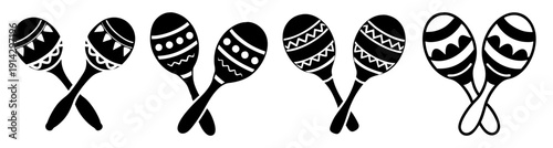 Set of six black and white striped maracas isolated on white background for music festival and Latin dance performance