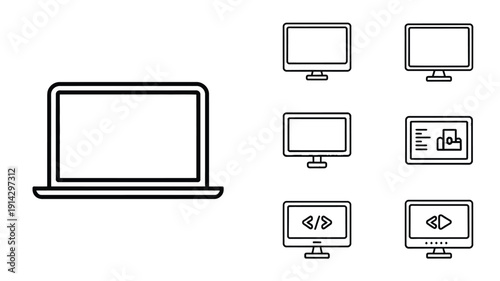 Laptop and Monitor Screen Line Icon Set Device Display Vector