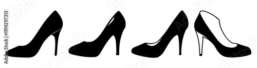 Set of three elegant black high heel shoes with gold accents isolated on white background fashion flat lay