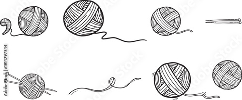 yarn ball illustration, knitting graphic set, wool ball drawing, crafting supplies art, thread spool sketch, knitting needles illustration, 