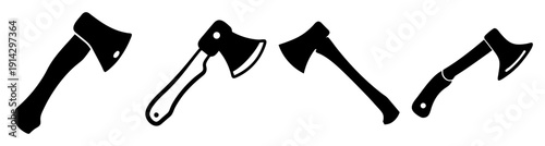 Set of four black metal hatchets axes isolated on white background for camping survival tools