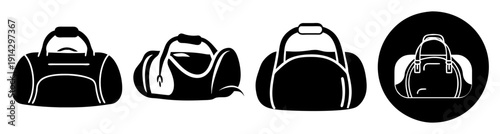 Set of four black and white gym bags isolated on transparent background for fitness sports workout equipment