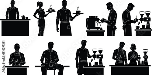 Barista and coffee shop worker silhouettes set, professional cafe staff, brewing espresso, serving drinks, hospitality service, isolated black vector illustration