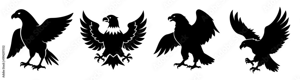 Fototapeta premium Four majestic black eagles flying in formation against white background, power and freedom symbol, minimalist vector illustration