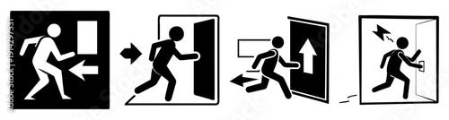Flat design emergency exit signs with running figures in sequential motion for safety and evacuation