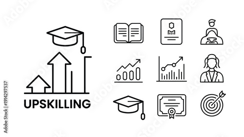 Upskill and Career Development Line Icon Set Growth Editable Stroke.