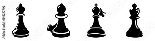Chess pieces strategy game flat design icons set black and white minimalist vector illustration isolated on transparent background