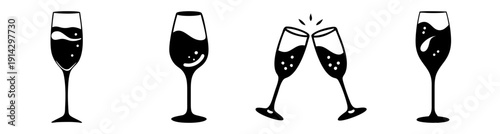 Champagne glasses toast celebration minimalist black white vector illustration isolated set sparkling wine party success