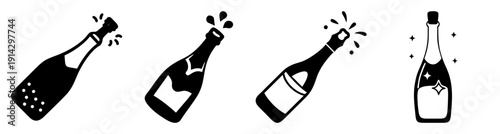 Four champagne bottles with corks popping celebration sparkling wine party luxury festive golden bubbles