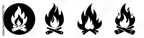 Four stylized campfire icons with flames and wood in black and orange minimalist vector illustration