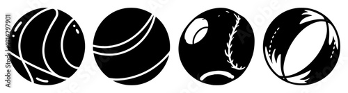 Set of four black and white tennis balls isolated on white background minimalist design vector illustration