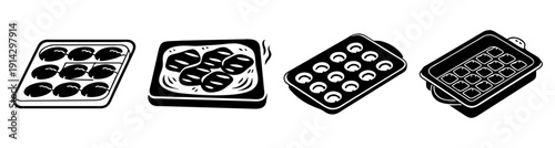 Set of three empty non-stick baking trays with muffin molds and black silicone cups for baking isolated on white background