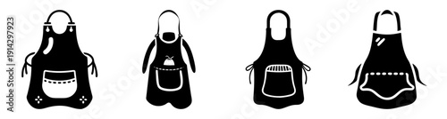 Set of four black aprons with white designs isolated on transparent background for chefs and bakers