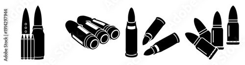 Set of black and silver bullets isolated on white background for gun ammunition safety concept