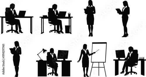 Businesswoman silhouettes set, professional office women working at desk presenting reading documents corporate lifestyle isolated vector illustration