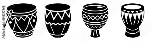 Set of four traditional African djembe drums isolated on white background, black and white tribal pattern design, cultural percussion instruments