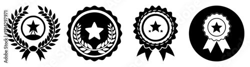 Set of four black and white achievement award badges with laurel wreaths and stars for success and competition vector illustration