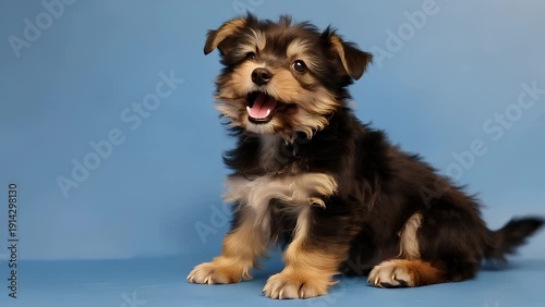 A charming and fluffy young puppy positioned sideways gazing upward with its mouth slightly open set against a simple blue backdrop featuring a four month old male morkie dog with lengthy black and b