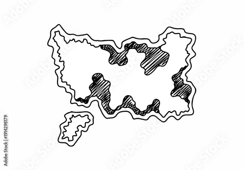 Hand-drawn sketch representing a whimsical island with a jagged coastline and a dark, textured interior, evoking a sense of mystery and adventure