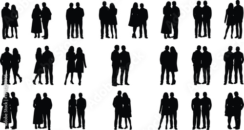 Couple silhouettes collection, romantic men and women standing together, love relationship poses, isolated on white background, people illustration set bundle