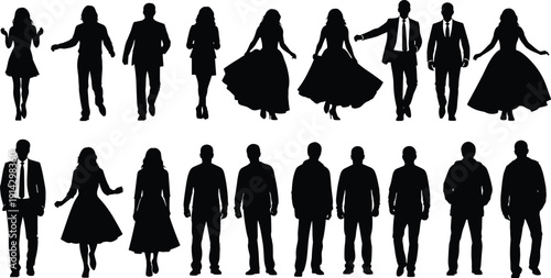 Elegant people silhouettes collection, men and women formal outfits set, fashion models walking poses, stylish human figures vector illustration isolated design